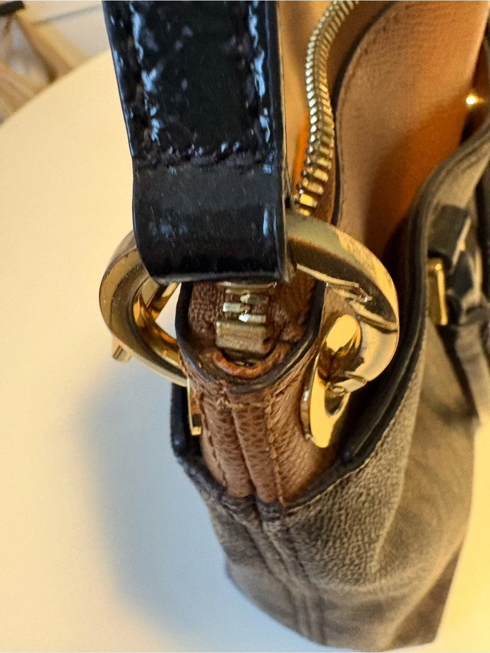 Michael Kors Brown MK Logo Satchel with Tan Accent and Black Handles